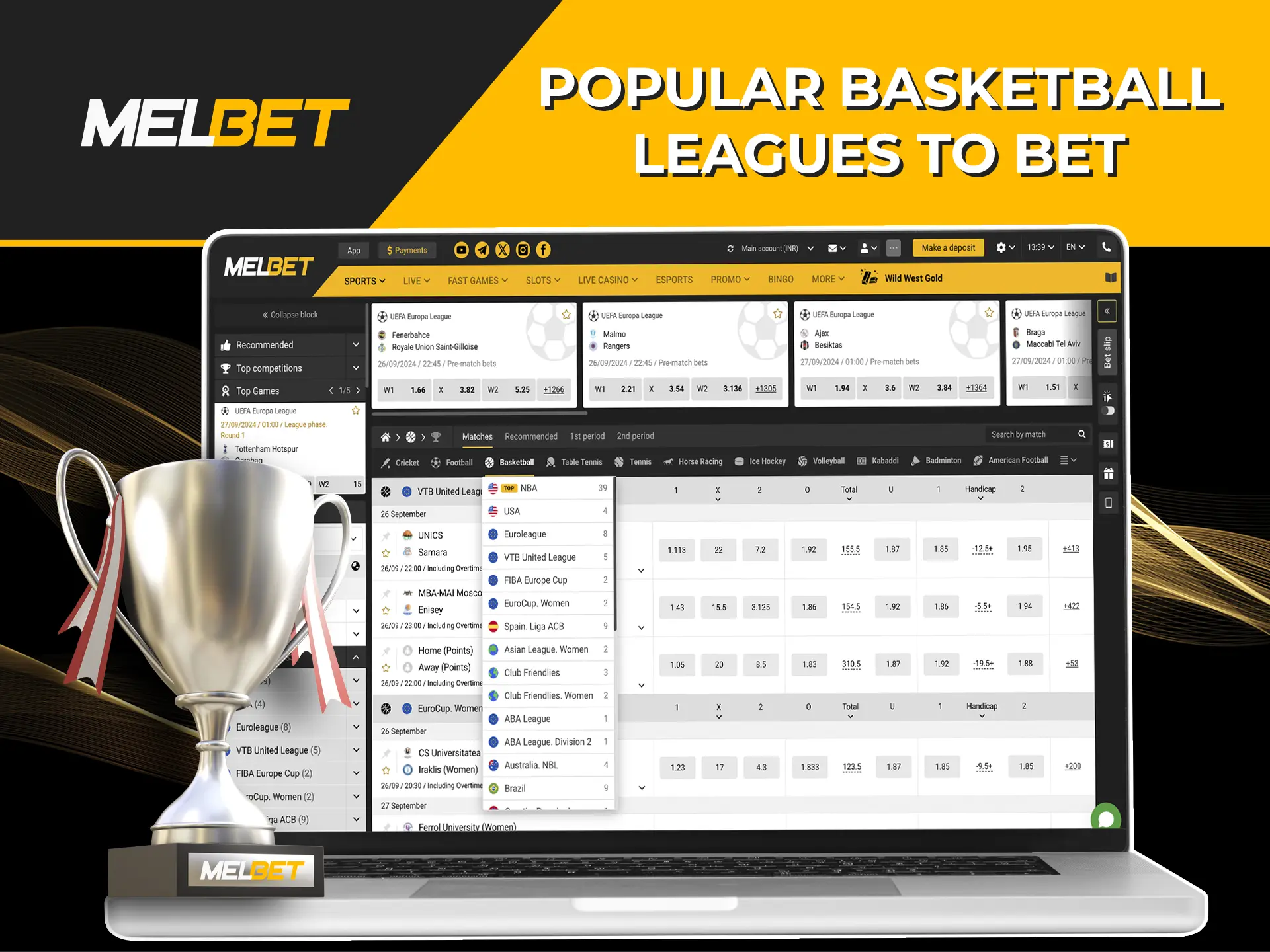 Explore the full range of basketball leagues and tournaments available for betting on the Melbet platform.