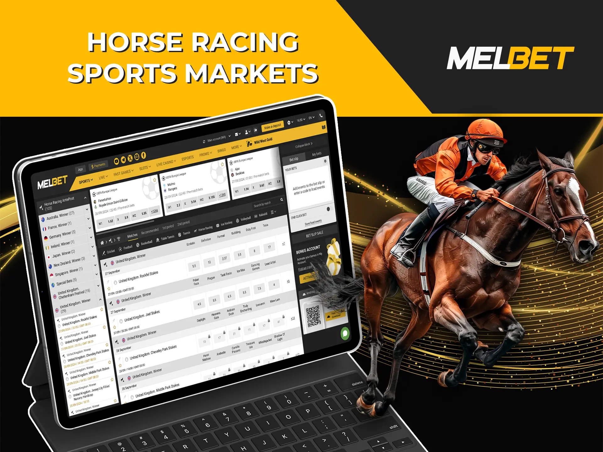 Take a look at the various horse racing markets available and use your insights to make winning predictions at Melbet Casino.
