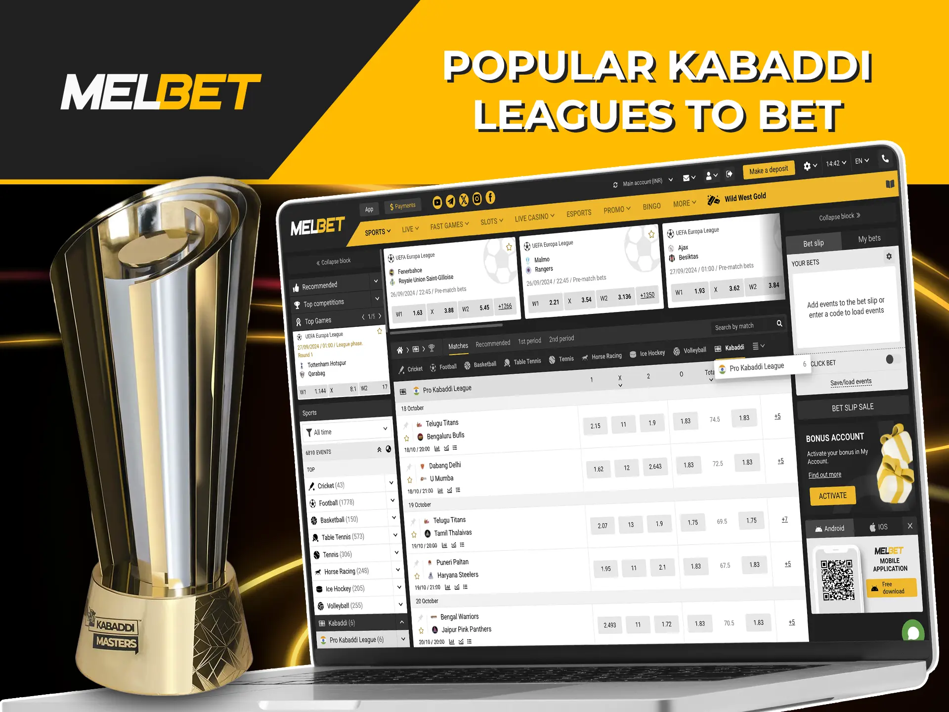 Put your sports intuition and deep knowledge of the game to the test by betting on premier kabaddi events at Melbet.