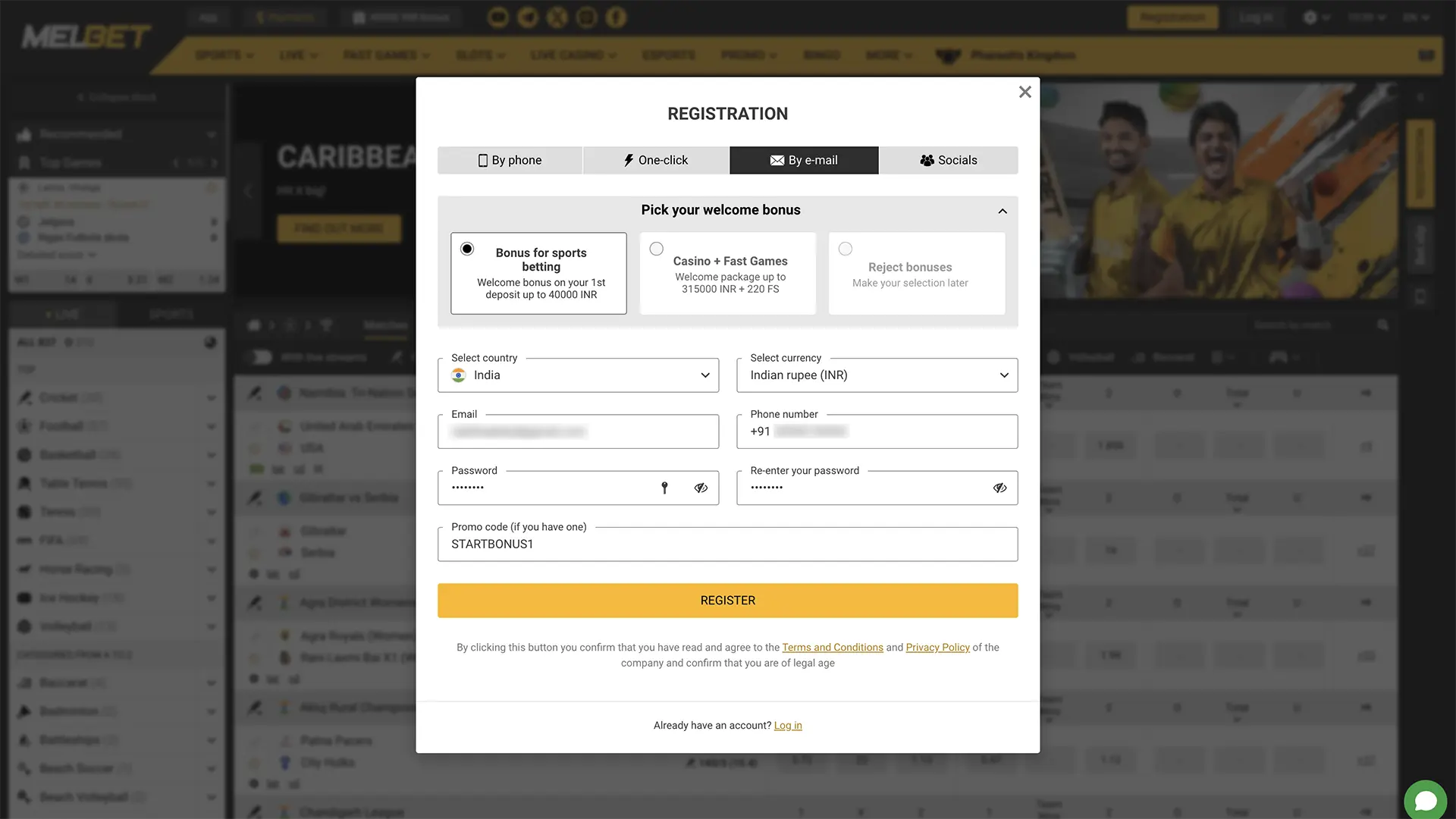 Fill in your personal data, double-check that everything is accurate, and finalize your Melbet Casino sign-up.