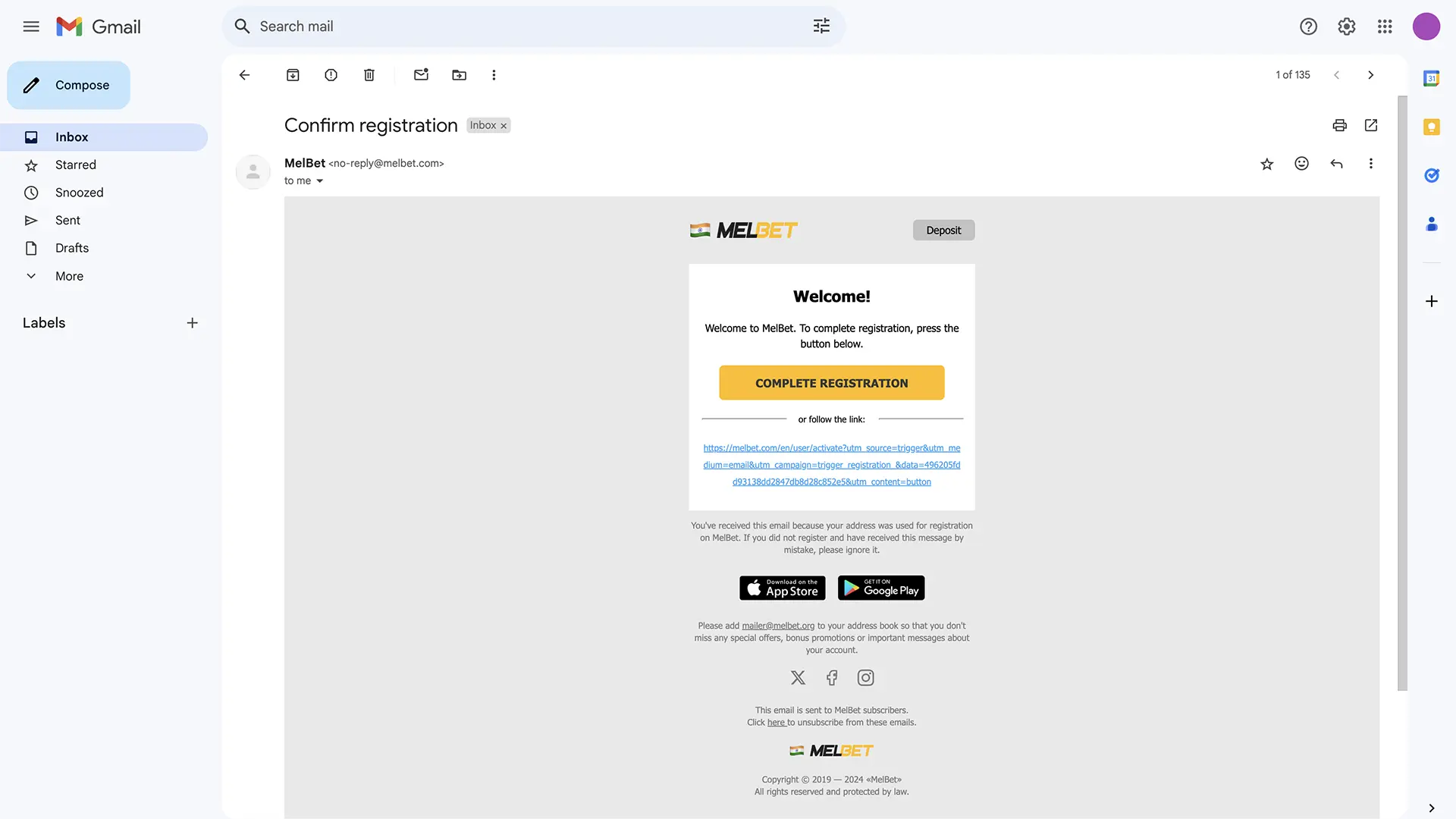 Finish setting up your Melbet profile by opening the verification link sent to your registered email address.