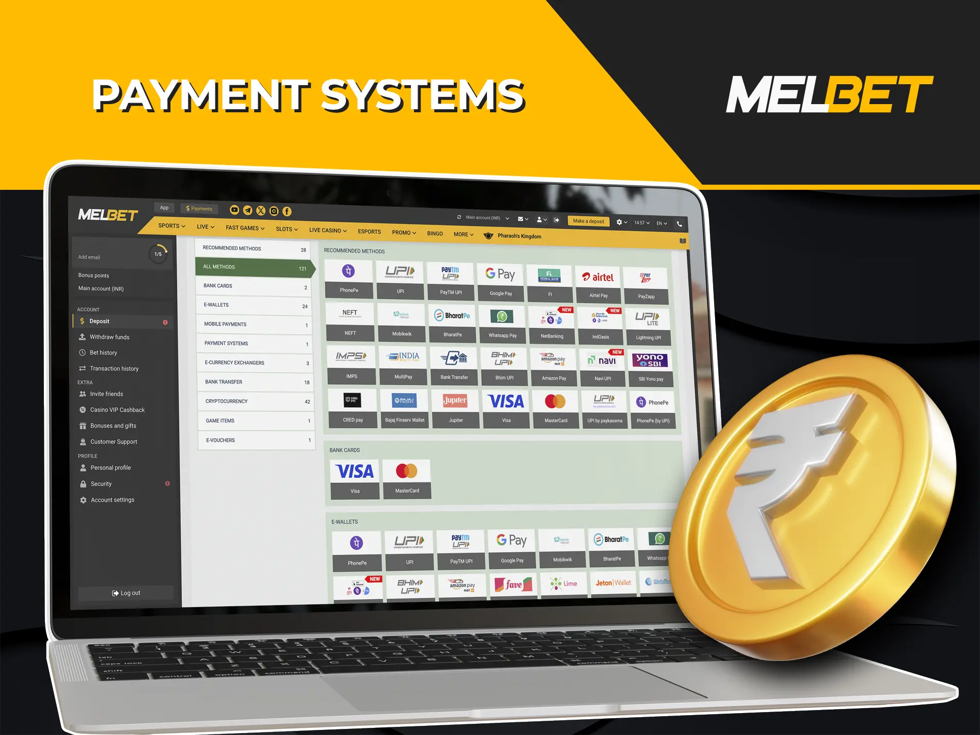 Take a moment to explore the different ways you can add money to your Melbet Casino balance.