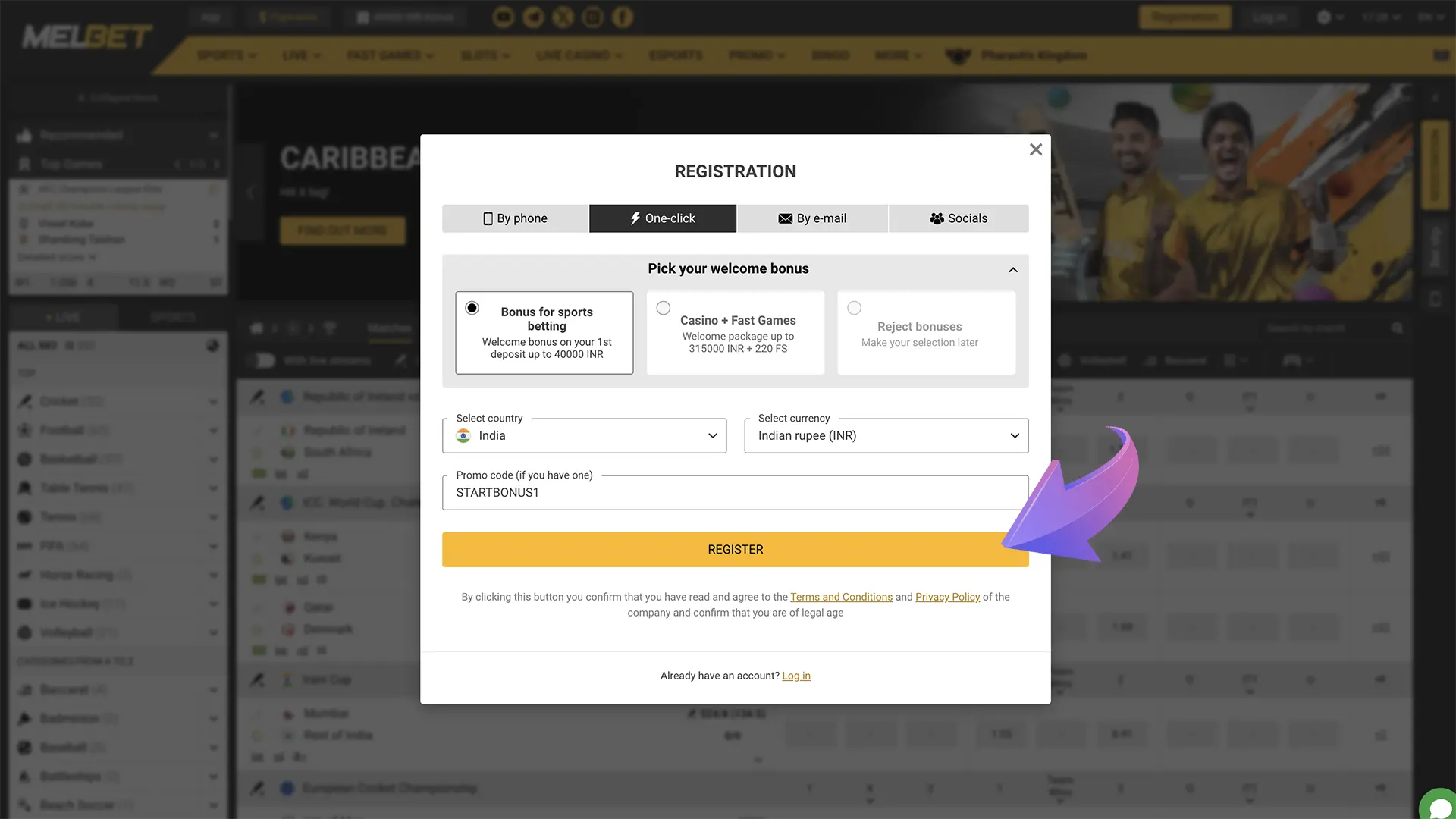 Once your profile is fully registered, you'll have complete access to all of Melbet's betting tools and site features.