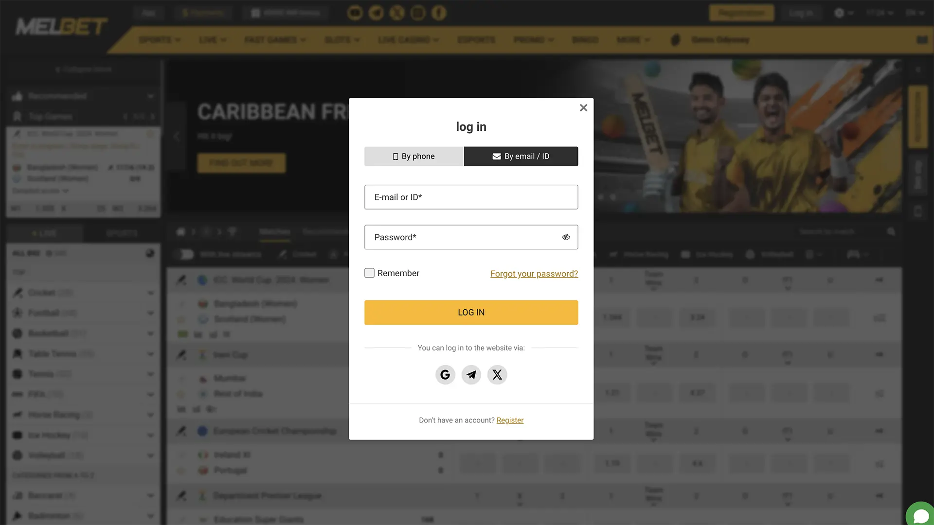 Before you can request a payout, you'll need to sign in to your personal Melbet account.