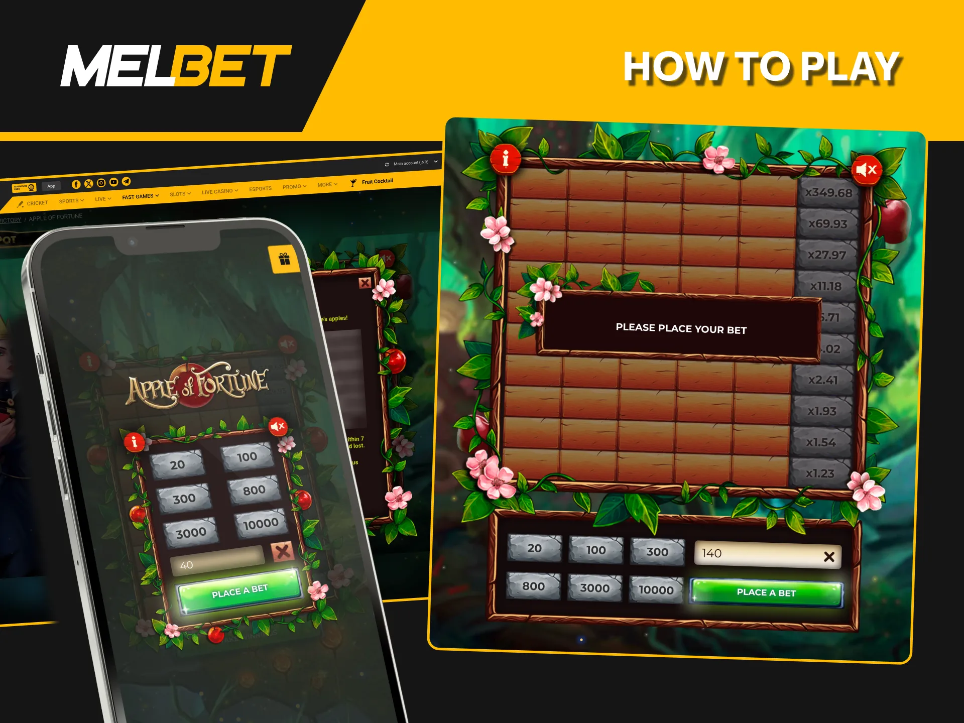 Just sign up at Melbet, head over to the 'Fast games' category, find Apple of Fortune, and you're ready to go.
