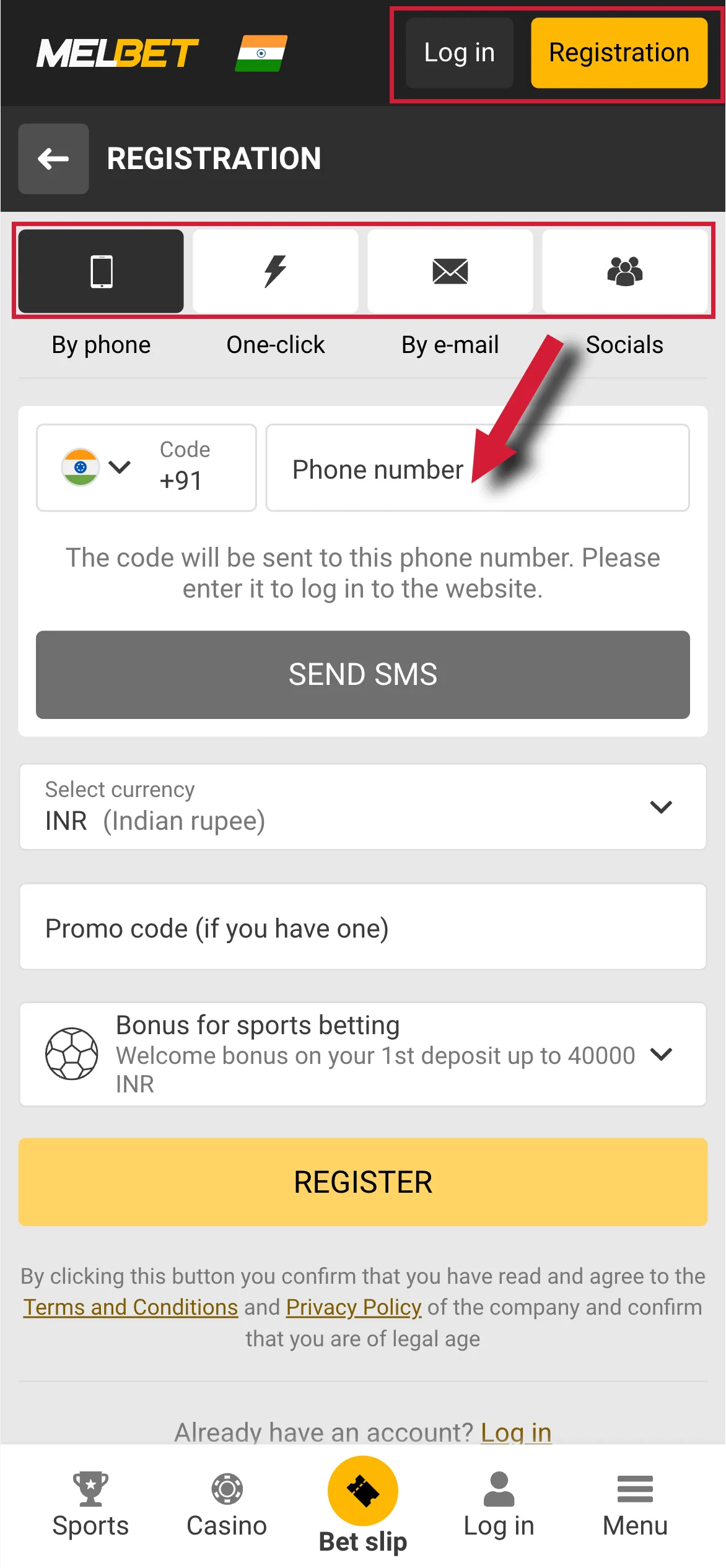 First, hit the \"Registration\" button to set up your new Melbet account.