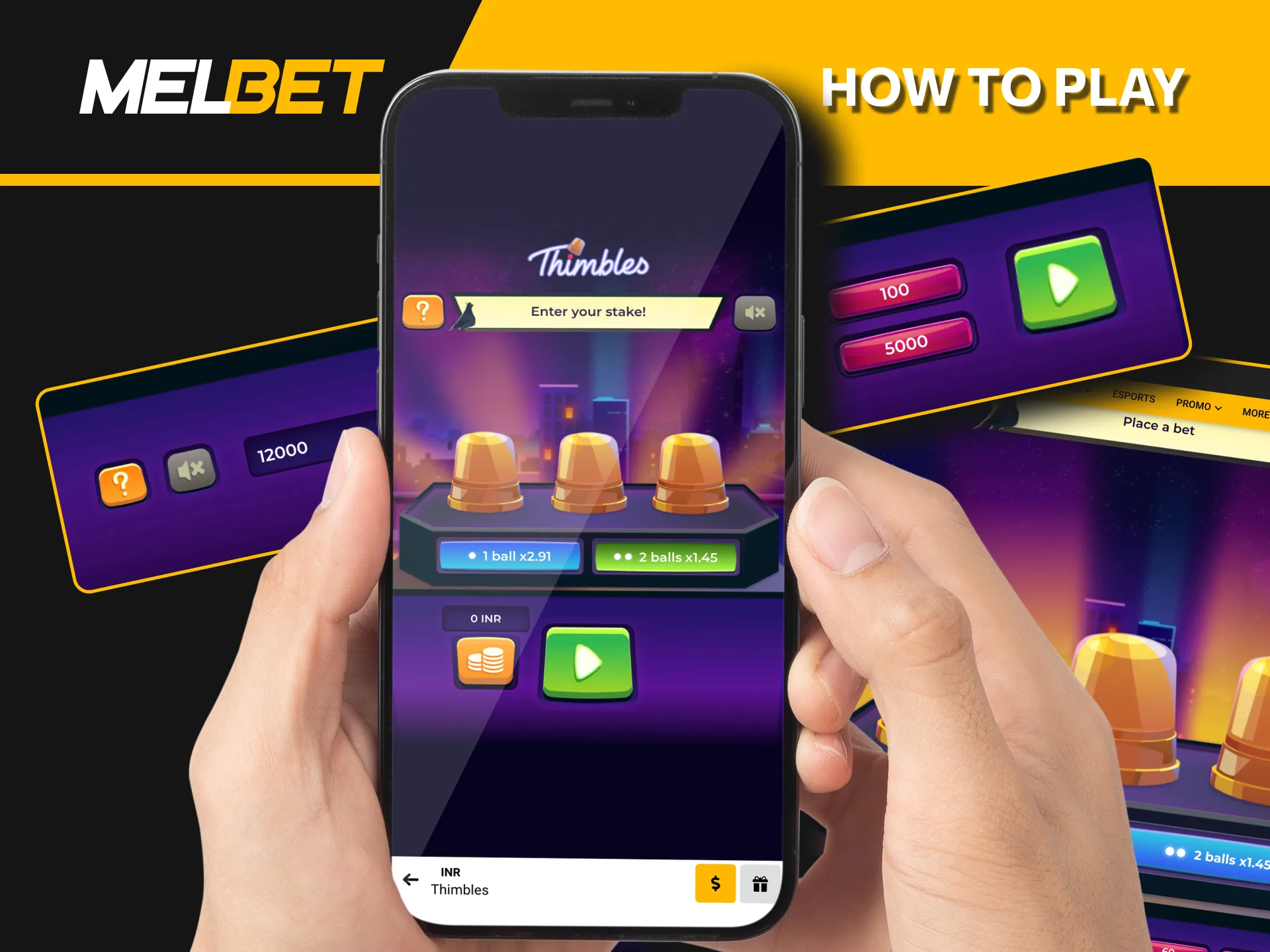 Sign up at Melbet, find Thimbles under 'Fast games', deposit funds, and start playing.
