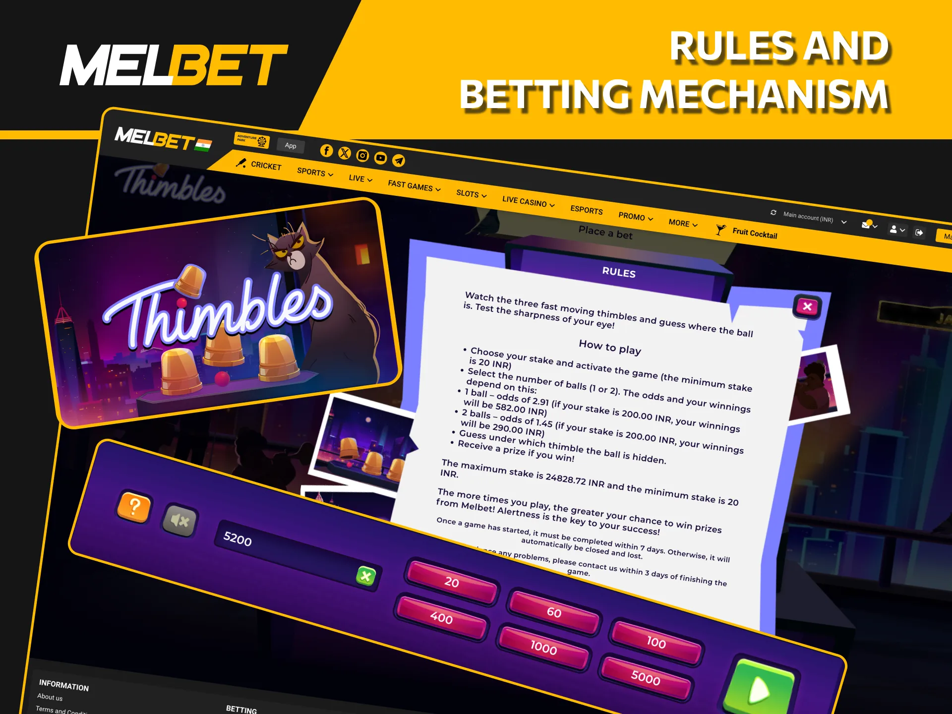 Playing Thimbles at Melbet is simple: select your jewels, set your stake, and start the round.