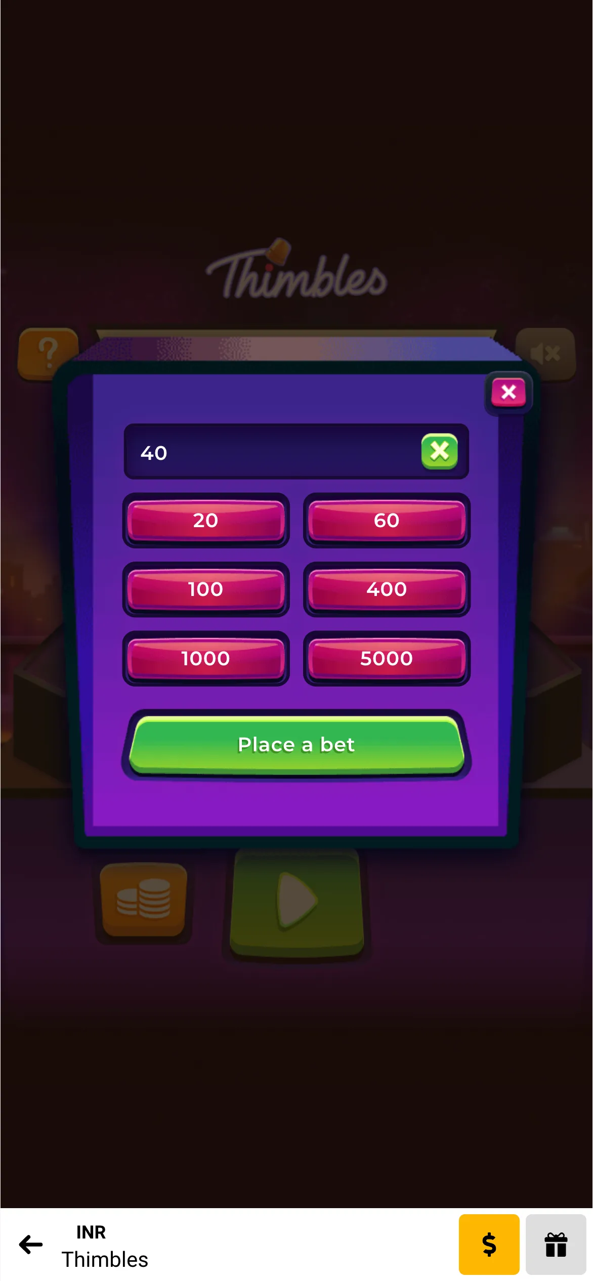 Open the betting menu in Melbet's Thimbles game.