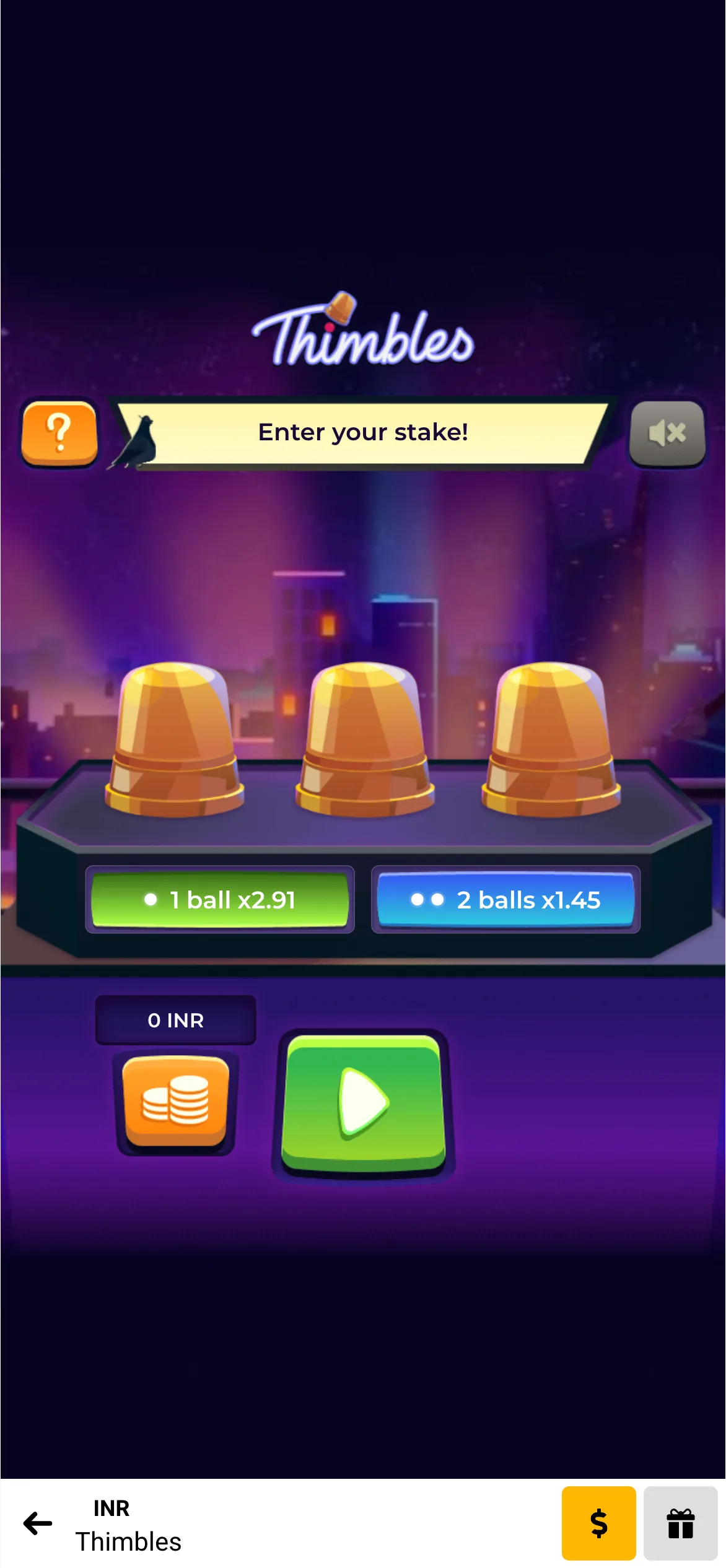 Take a look at the Thimbles game dashboard on Melbet.