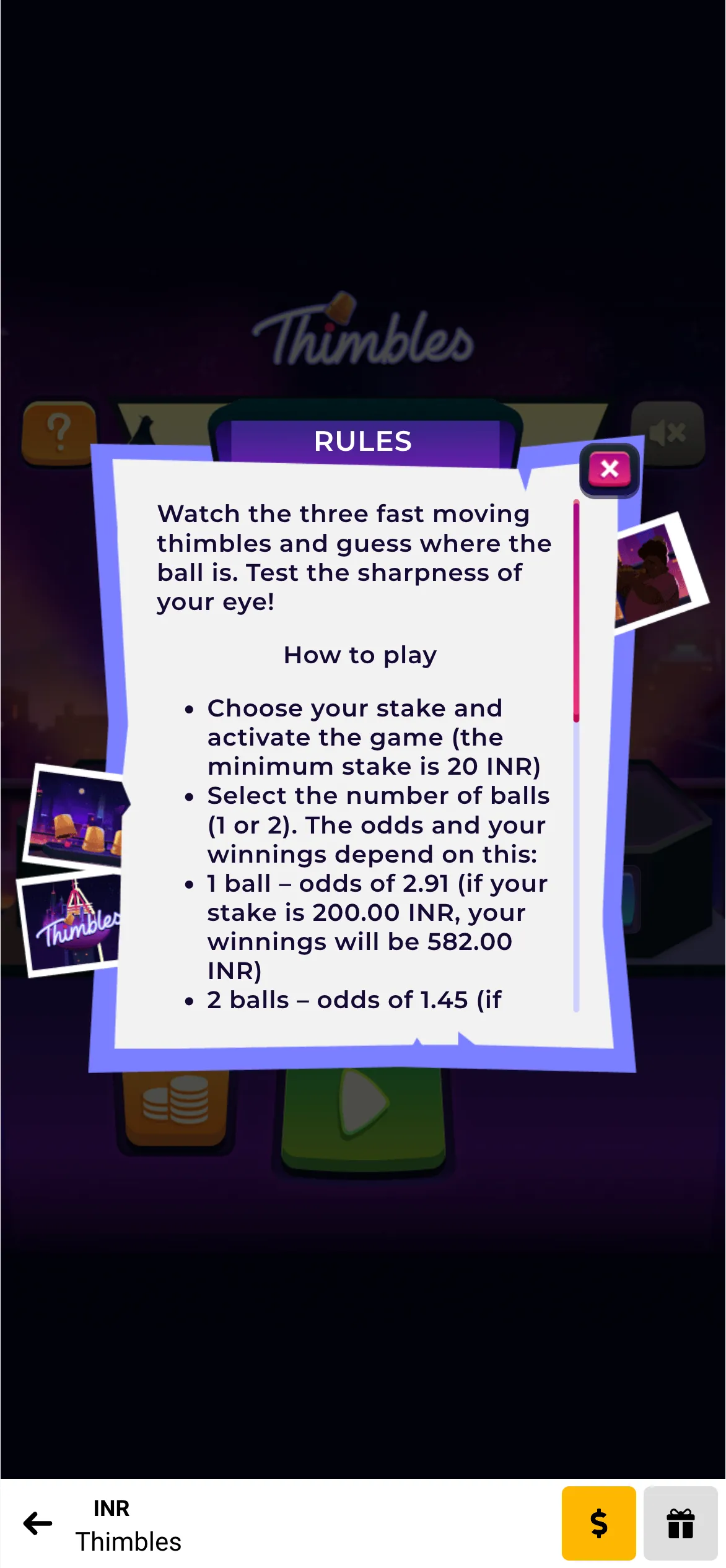 Review the official guidelines for playing Thimbles at Melbet.