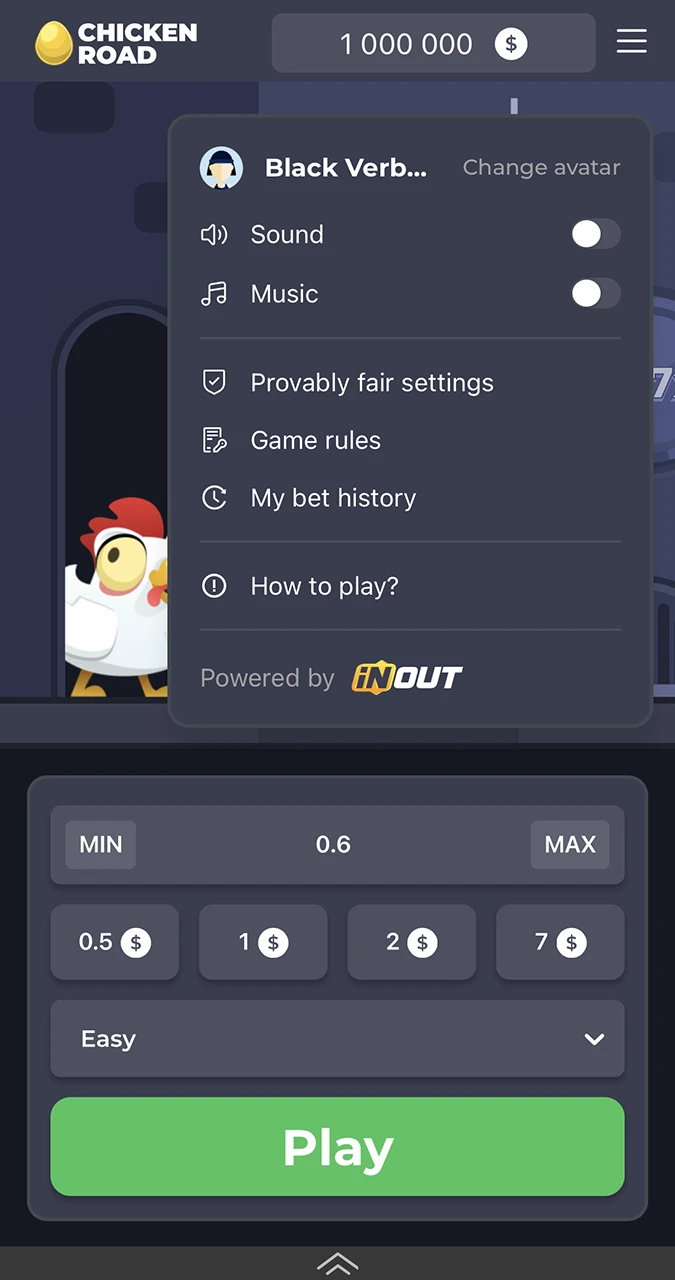 An overview of the settings and menu options for Chicken Road at Melbet Casino.