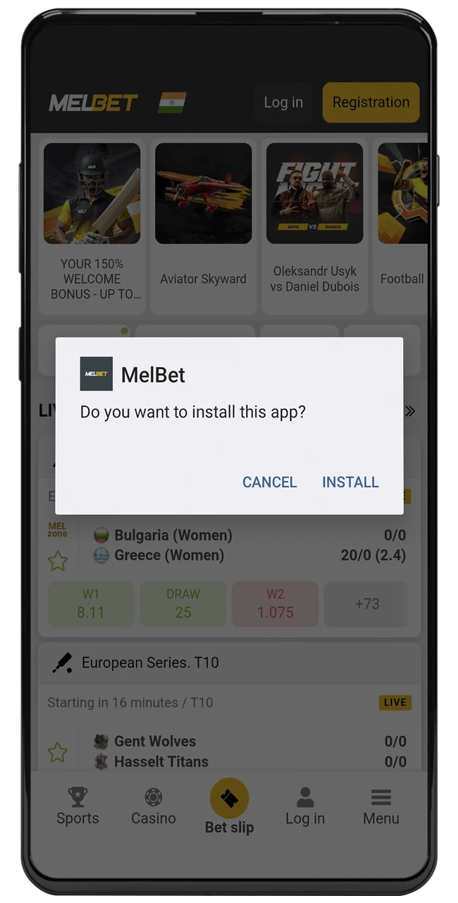 Please wait a moment while the Melbet app finishes installing on your Android device.