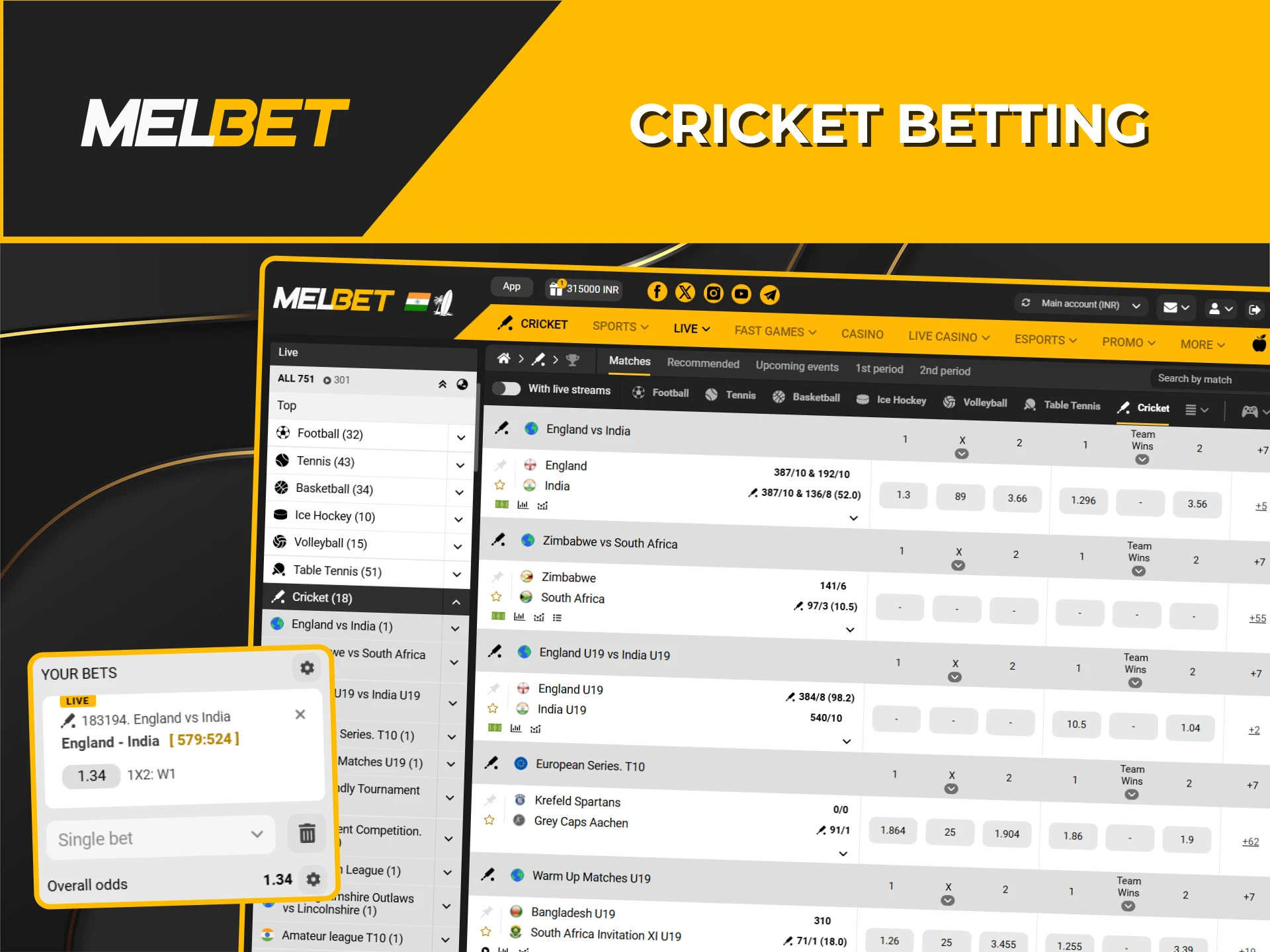 You can now place your cricket bets directly through the Melbet platform.