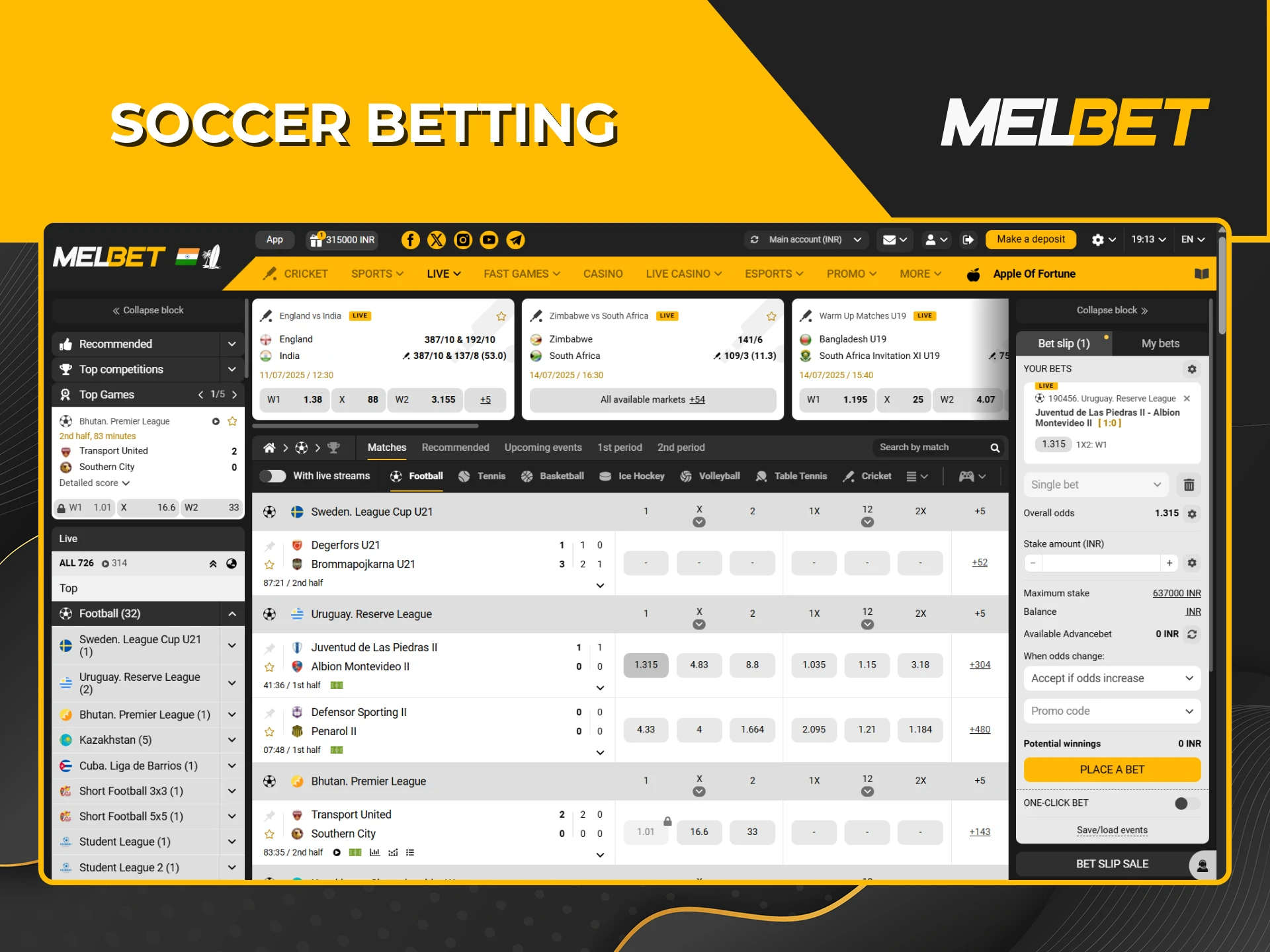 Dive into the world of soccer betting with Melbet.