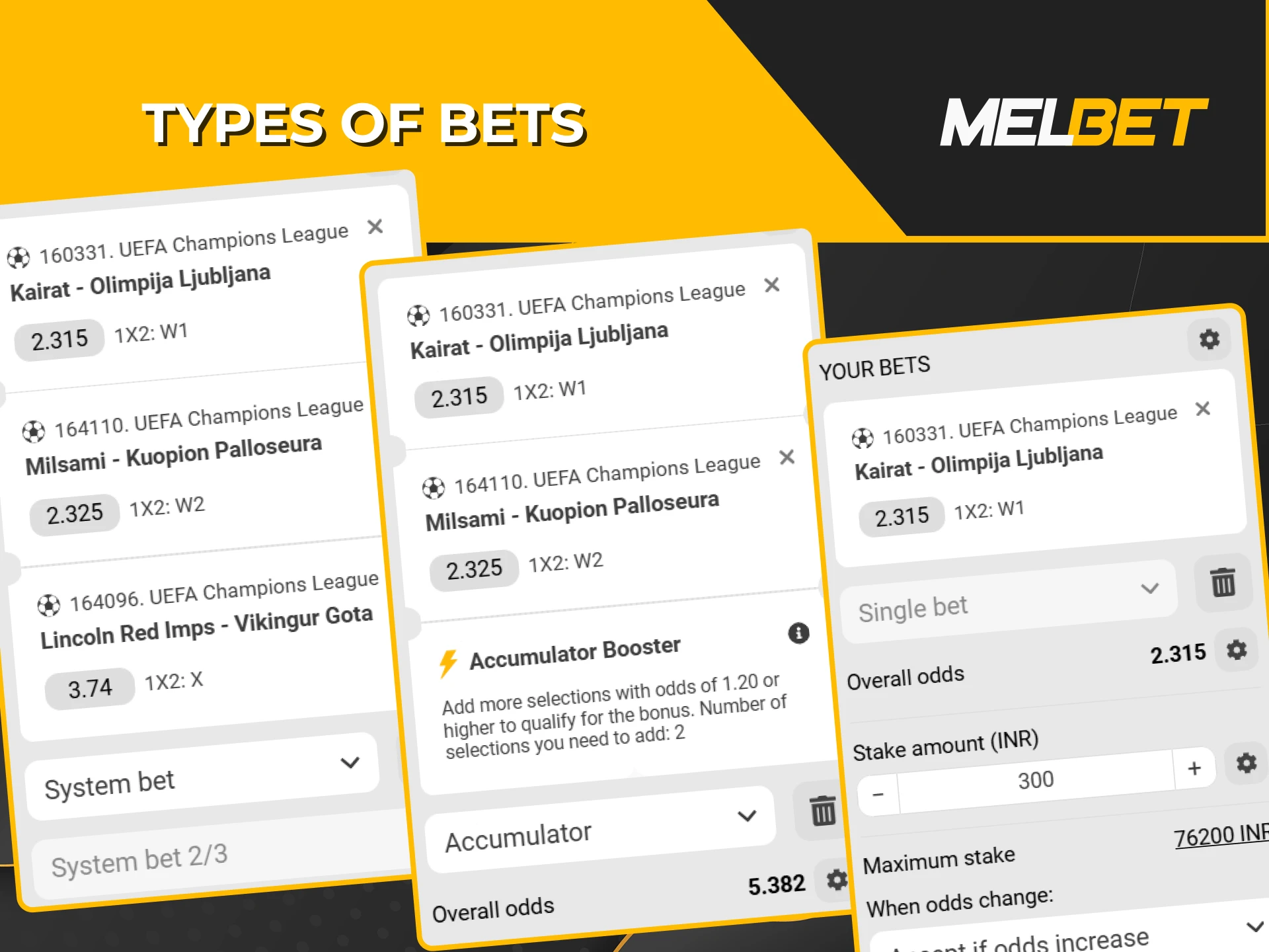 Whether you prefer single bets, accumulators, or system wagers, you'll find them all at Melbet.