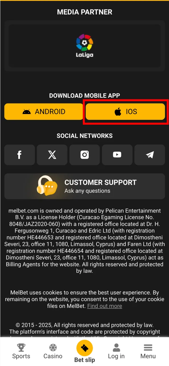 Start by clicking the Melbet iOS download button.