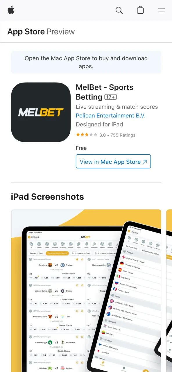 Select the iOS option to be redirected to the App Store for the Melbet download.