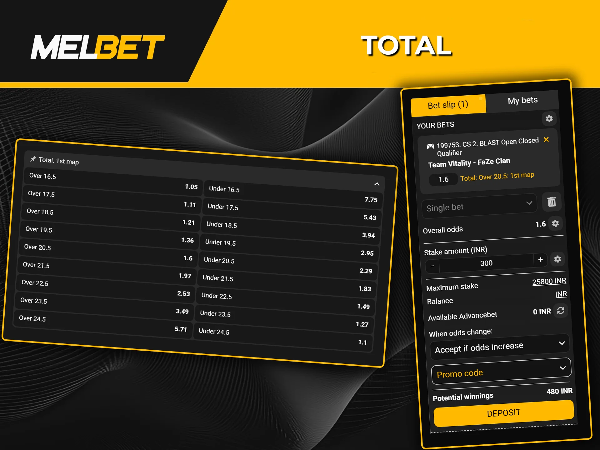 Explore all your total betting options for eSports with Melbet.