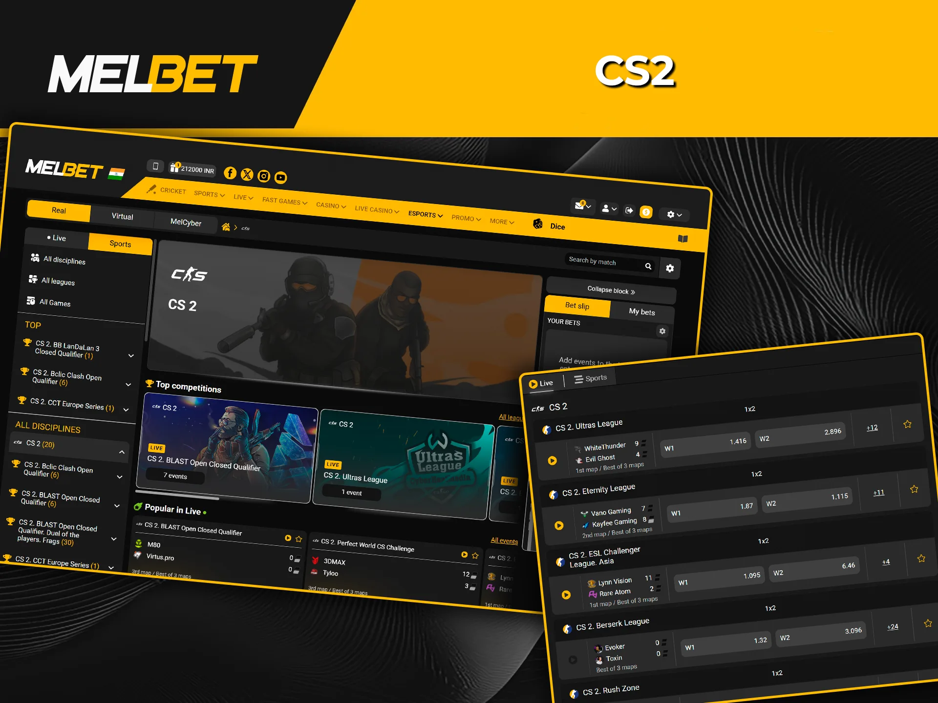 Add funds to your Melbet account and start winning with CS2 bets.