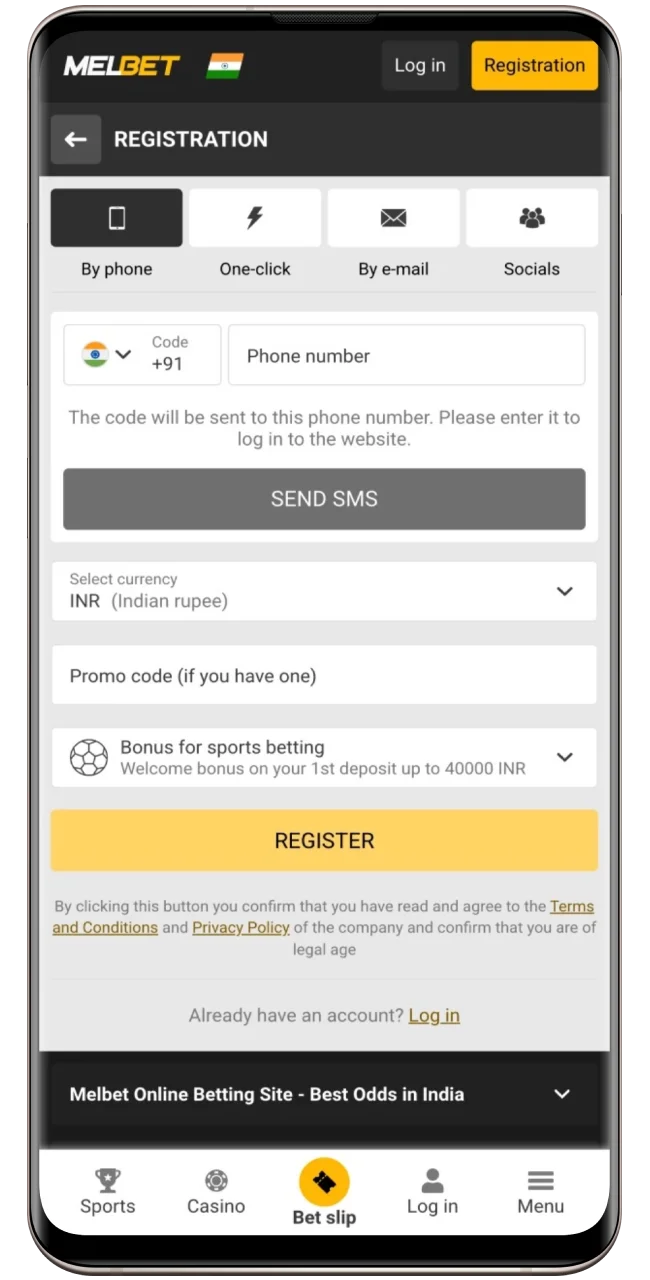 Here is a preview of the registration screen within the Melbet mobile app.